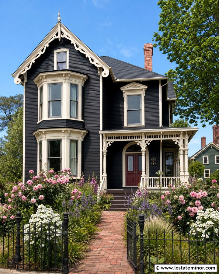 Black Victorian House With Colorful Perennials - 30 Black House Design With Landscaping Ideas