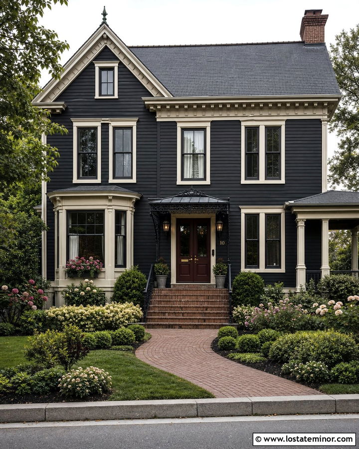 Black Victorian House With Decorative Awning - 30 Black House Design With Awning Ideas
