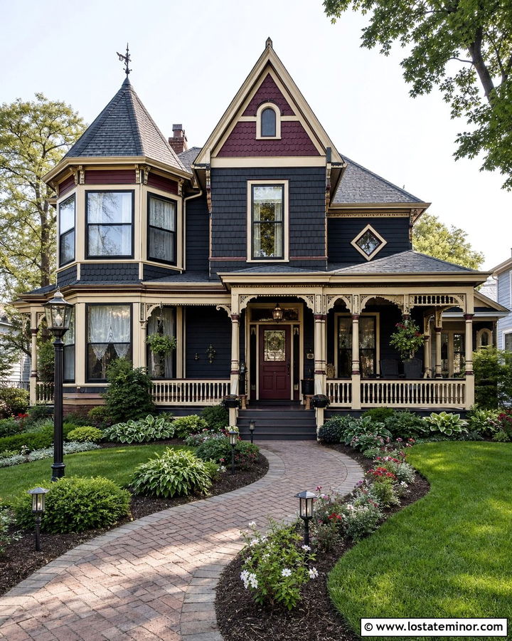 Black Victorian House With Decorative Lanterns - 30 Black House Design With Lighting Ideas
