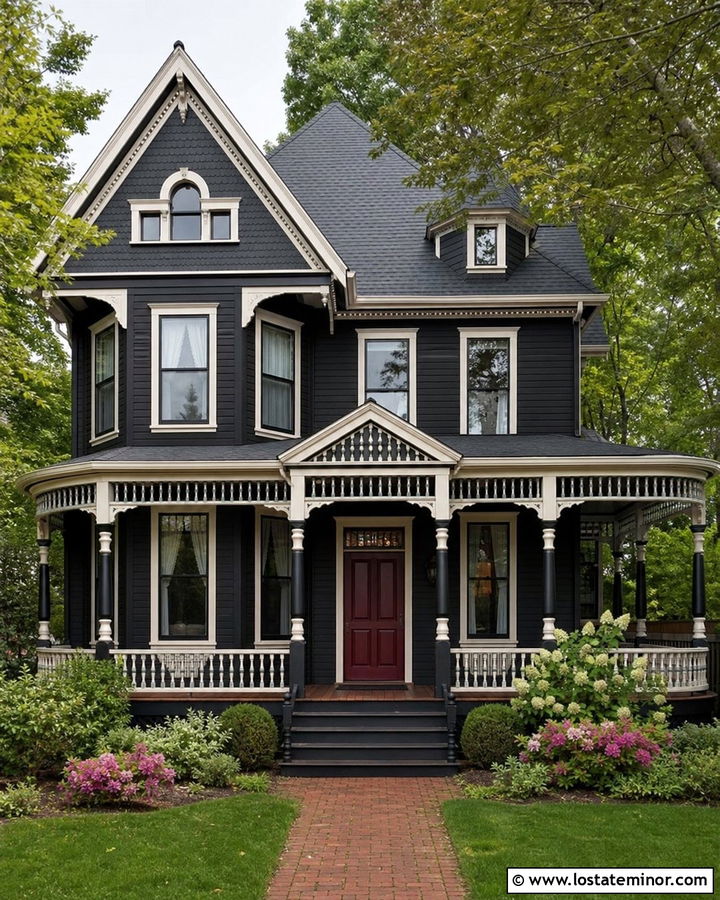Black Victorian House With Decorative Porch Columns - 30 Black House Design With Porch Columns Ideas