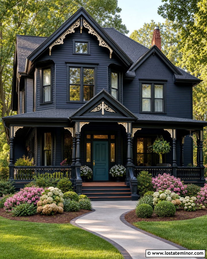 Black Victorian House With Decorative Railings - 30 Black House Design With Railings Ideas