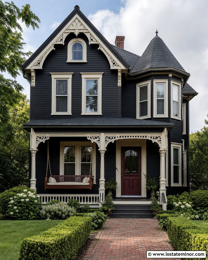 Black Victorian House With Decorative Swing - 30 Black House Design With Swing Ideas