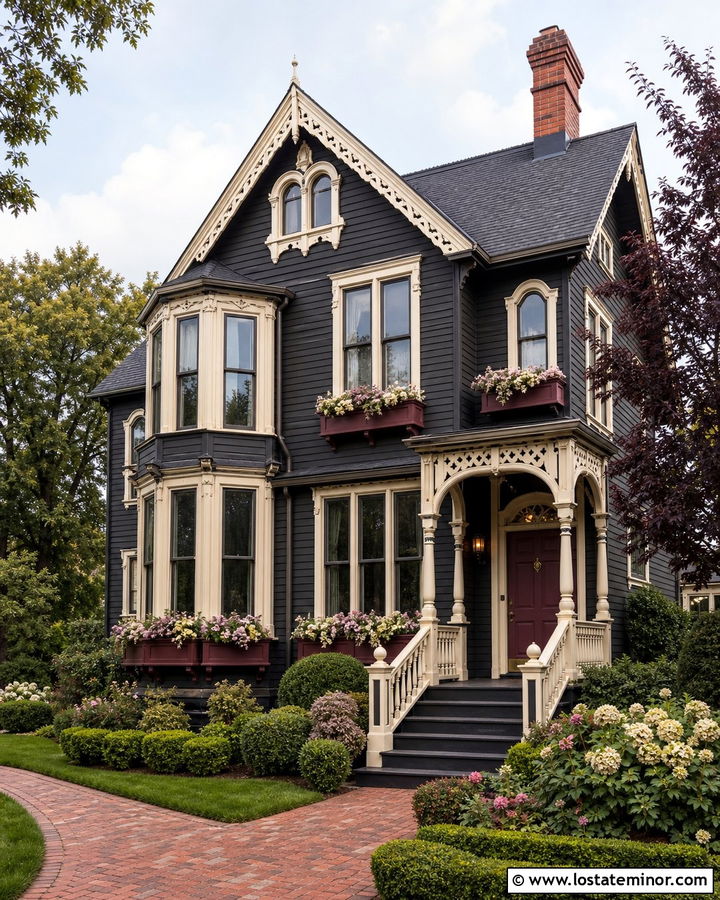 Black Victorian House With Decorative Window Boxes - 30 Black House Design With Window Boxes Ideas