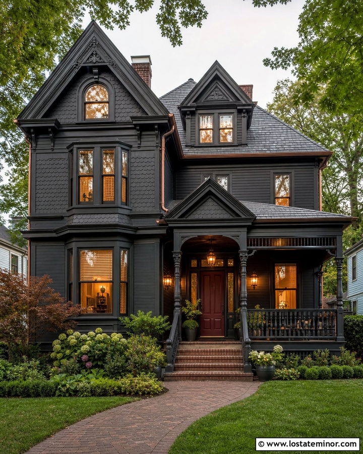 Black Victorian House With Gas Style Lanterns - 30 Black House Design With Light Fixtures Ideas