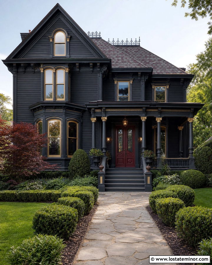 Black Victorian House With Gold Window Frames - 30 Black House Design With Window Frames Ideas