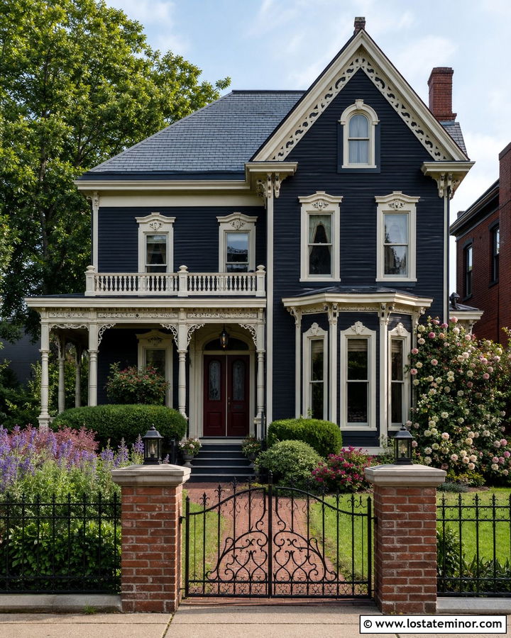 Black Victorian House With Ornamental Iron Fence - 30 Black House Design With Fence Ideas