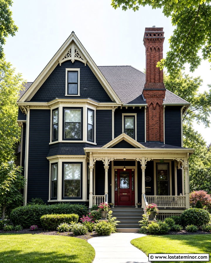 Black Victorian House With Ornate Brick Chimney - 30 Black House Design With Chimney Ideas