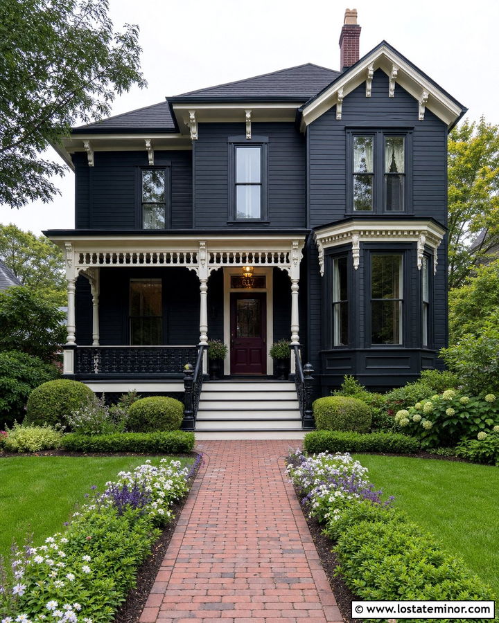 Black Victorian House With Painted Porch Steps - 30 Black House Design With Steps Ideas