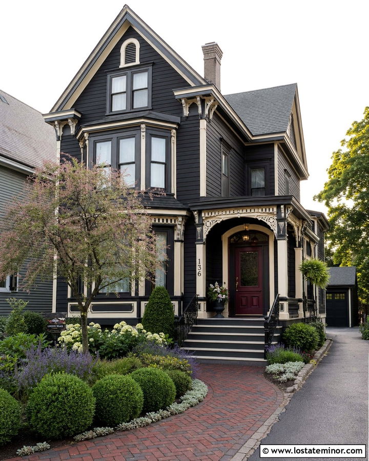 Black Victorian House With Patterned Brick Walkway - 30 Black House Design With Walkway Ideas