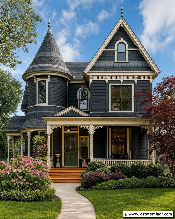 Black Victorian House With Patterned Shingles - 30 Black House Design With Shingles Ideas
