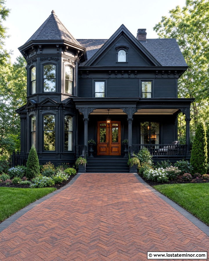 Black Victorian House With Red Brick Driveway - 30 Black House Design With Driveway Ideas