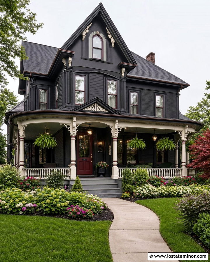 Black Victorian House With Sage Green Porch Ceiling - 30 Black House Design With Porch Ceiling Ideas