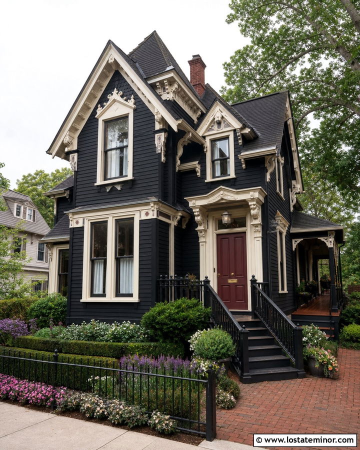Black Victorian House With Side Deck - 30 Black House Design With Deck Ideas