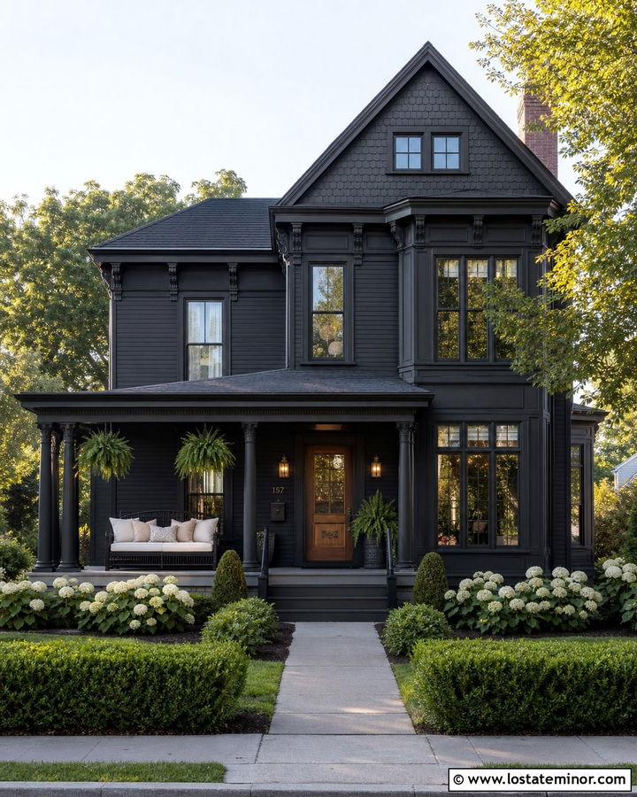 Black Victorian House With Spindle Daybed - 30 Black House Design With Daybed Ideas