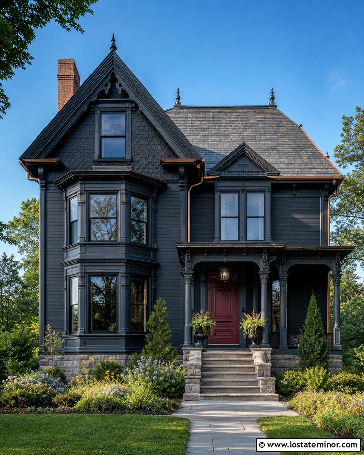 Black Victorian House With Stone Foundation - 30 Black House Design With Stone Accents Ideas