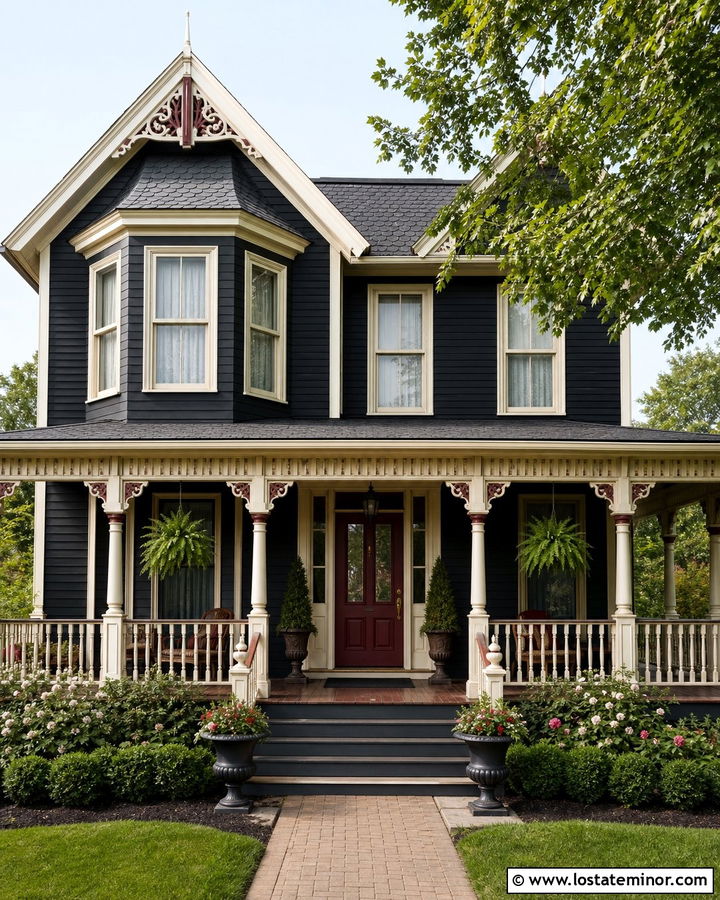 Black Victorian With Cream Trim - 30 Black House Design With Trim Ideas