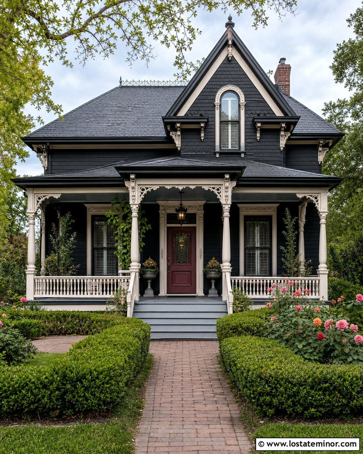 Black Victorian With Detailed Front Porch - 30 Black House Design With Front Porch Ideas