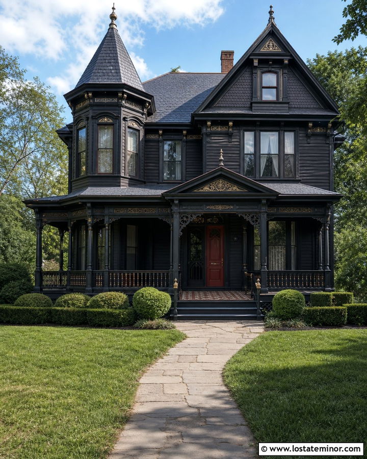 Black Victorian With Ornamental Screen Door - 30 Black House Design With Screen Door Ideas