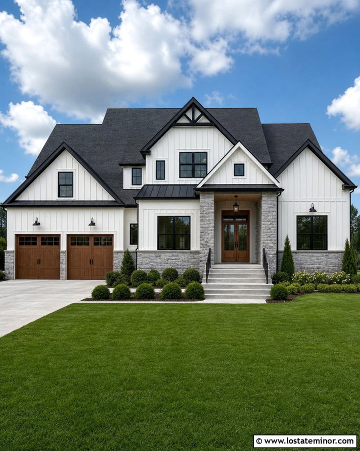 Black and White Board and Batten With Stone - 30 Stone House Design With Board and Batten Ideas