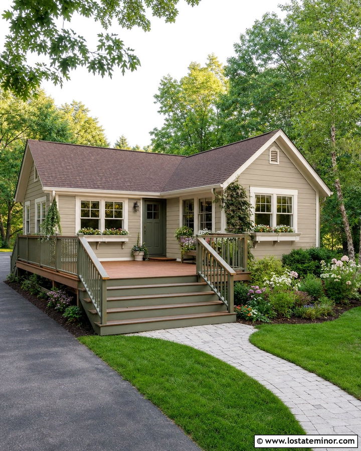 Bleeker Beige Cottage House With Sage Deck Railing - 30 Beige House Design With Deck Ideas