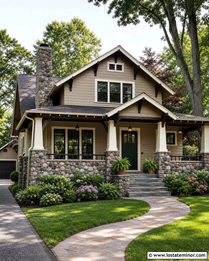 Bleeker Beige Craftsman With Cobblestone - 30 Beige House Design With Stone Accents Ideas