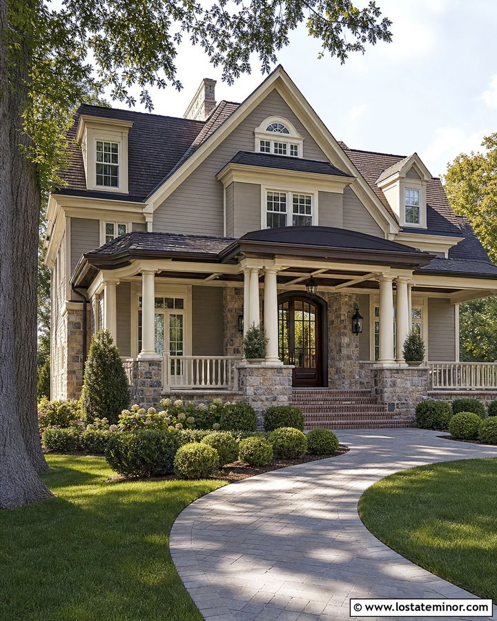 Bleeker Beige House With Coffered Wood Ceiling - 30 Beige House Design With Porch Ceiling Ideas