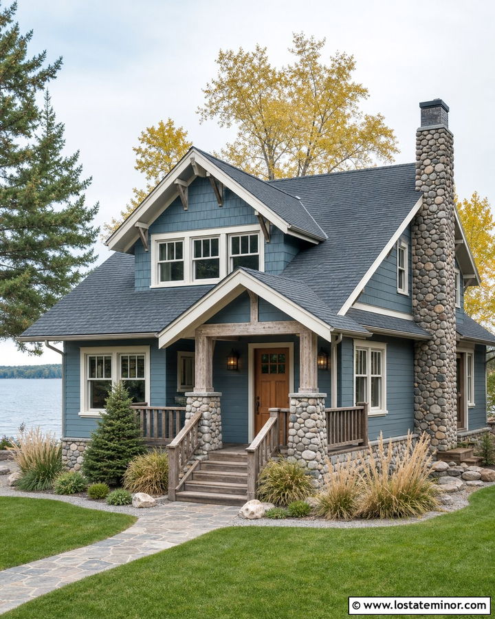 Blue Gray Board and Batten With River Rock - 30 Stone House Design With Board and Batten Ideas