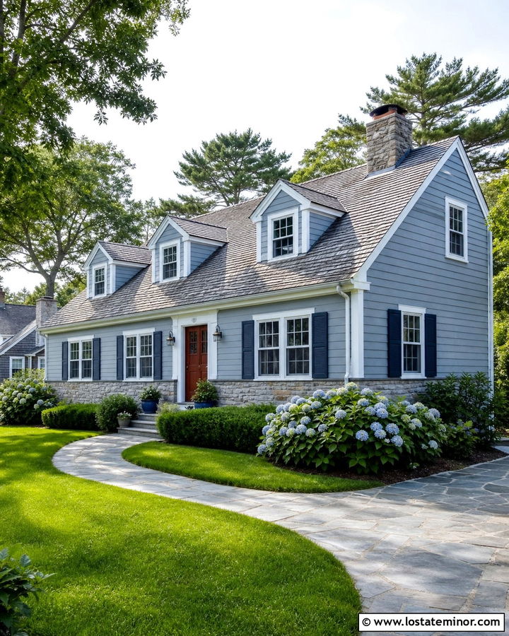Blue Gray Cape Cod With Stone Wainscoting - 30 Stone House Design With Wainscoting Ideas