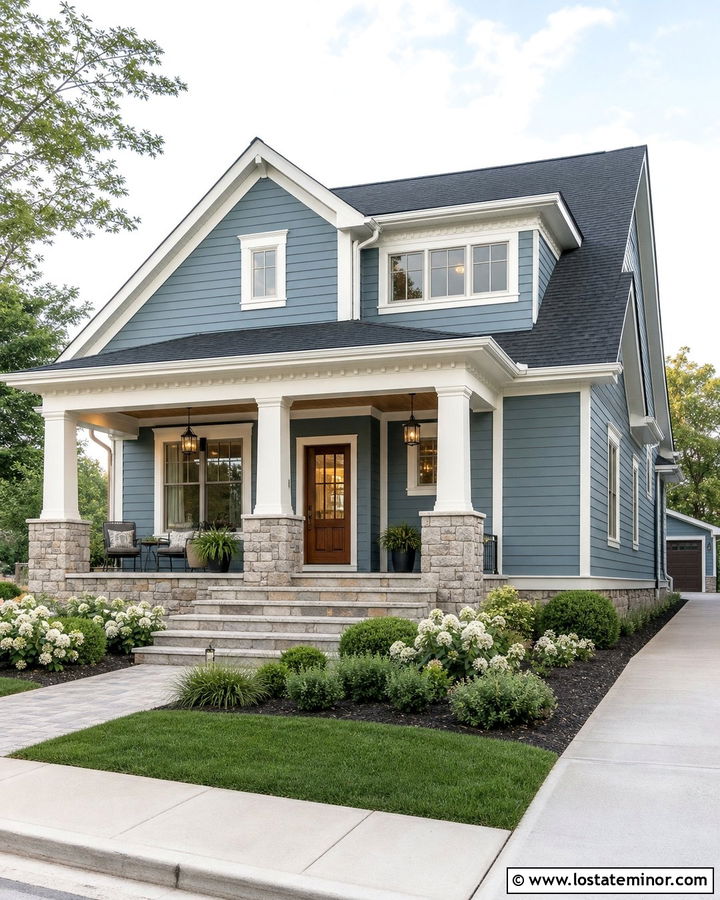 Blue Gray House With Stone Porch - 30 Stone House Design With Stone Accents Ideas
