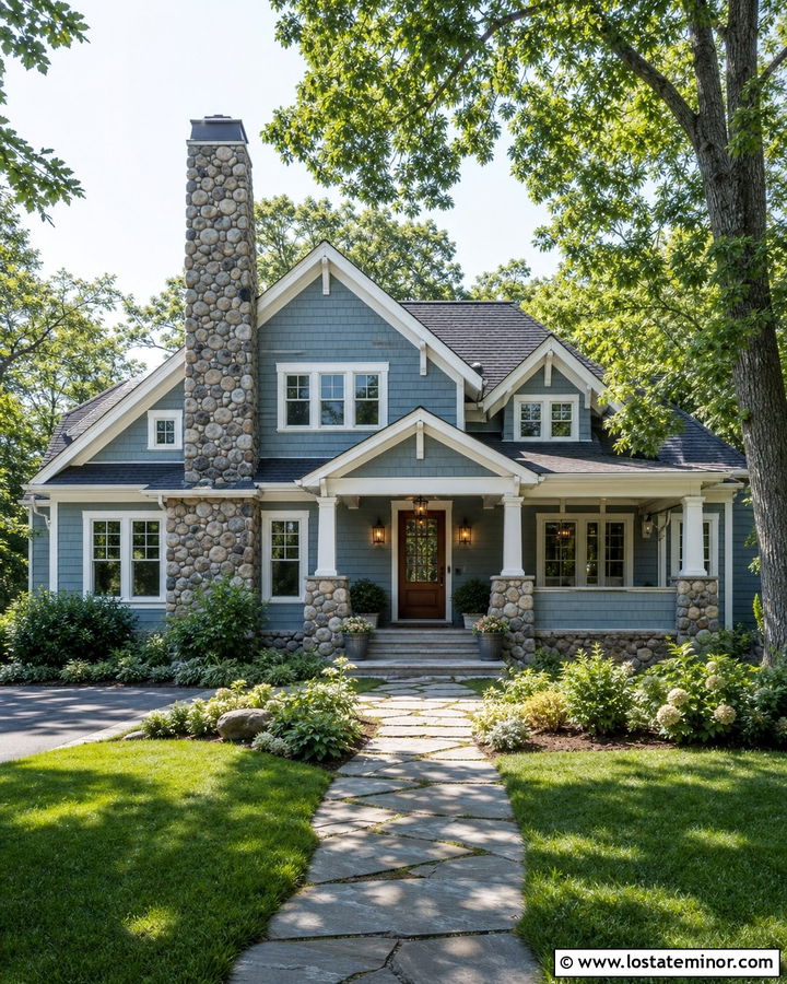 Blue Gray Siding And River Rock House - 30 Stone House Design With Siding Ideas