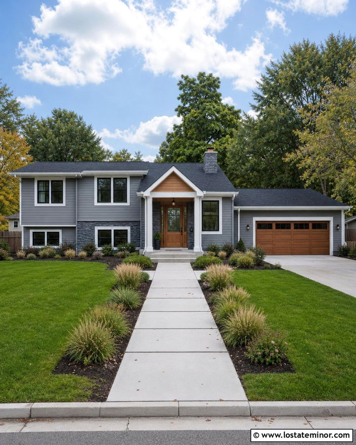 Blue Gray Stone House With Cedar Front Door - 30 Stone House Design With Front Door Ideas