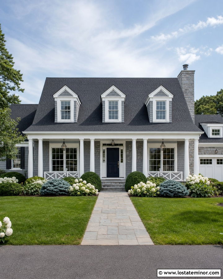 Blue Gray Stone House With White Trim - 30 Stone House Design With Trim Ideas