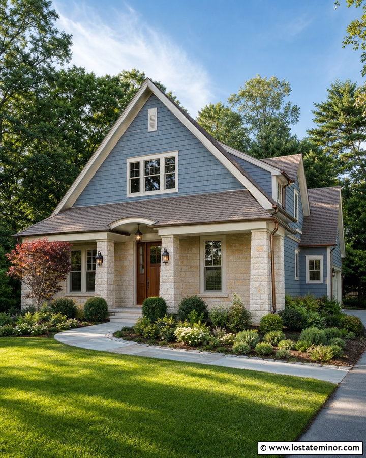 Blue Shingle House With Tan Stone - 30 Stone House Design With Shingles Ideas