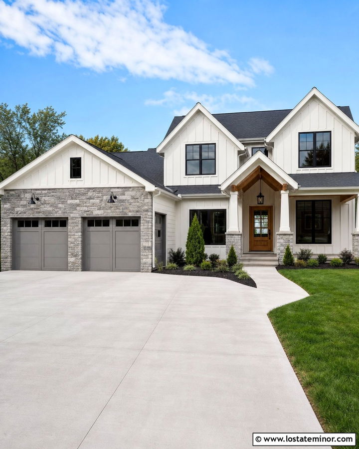 Board And Batten Siding With Stone Garage - 30 Stone House Design With Siding Ideas
