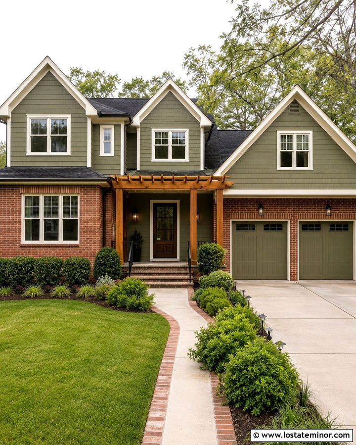 Brick And Olive Green House With Pergola - 30 Olive Green House Design With Pergola Ideas
