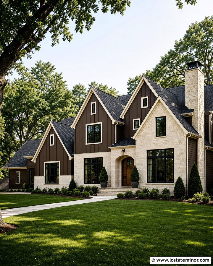Brown Board and Batten With Cream Stone - 30 Stone House Design With Board and Batten Ideas