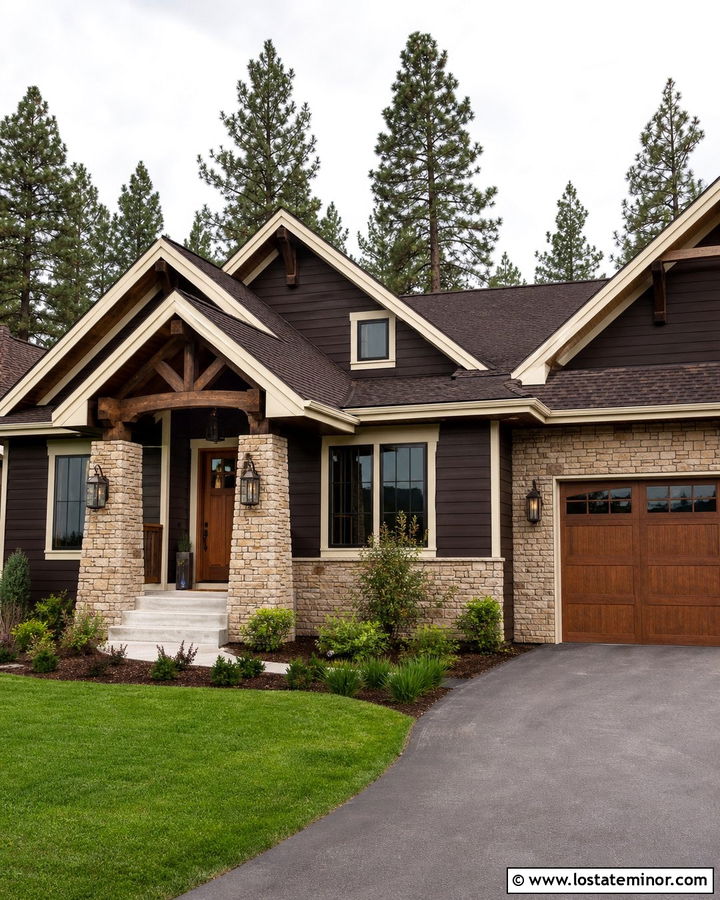 Brown House With Tan Ledgestone - 30 Stone House Design With Stone Accents Ideas