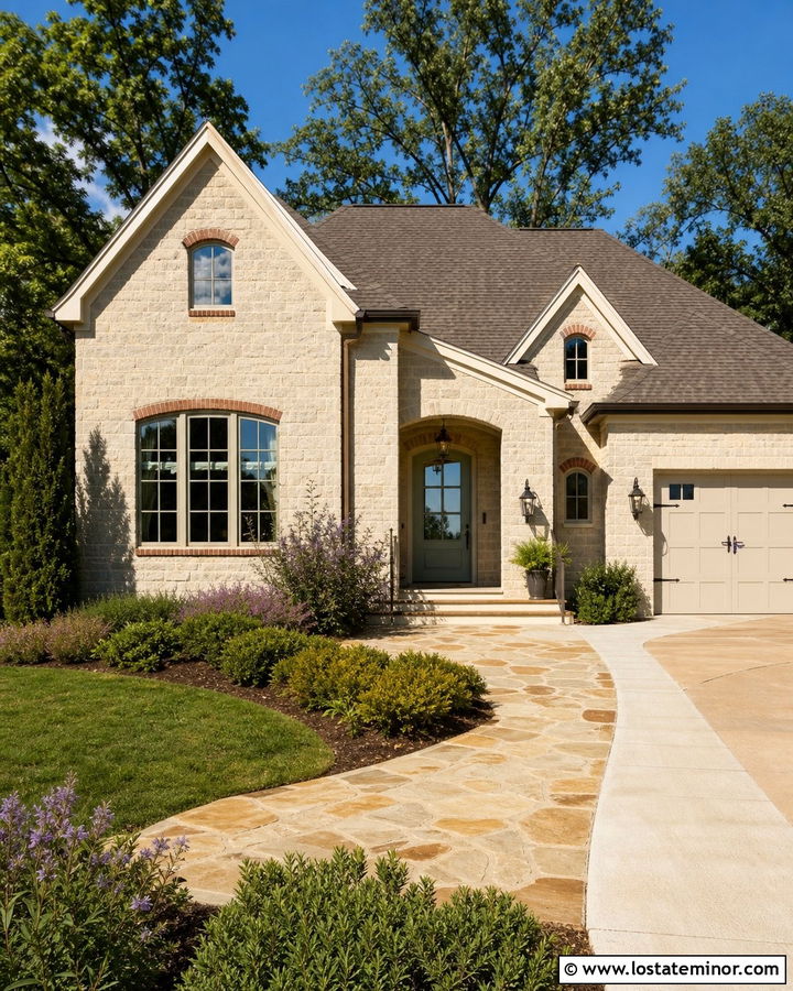 Brown Stone House With Sandstone Walkway - 30 Stone House Design With Walkway Ideas