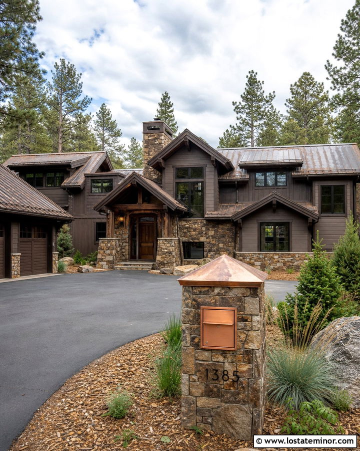 Brown Stone Lodge House With Copper Mailbox - 30 Stone House Design With Mailbox Ideas