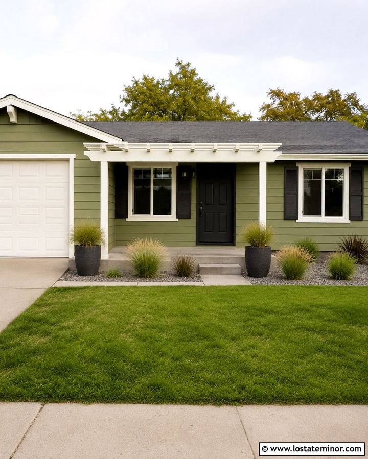 Budget Olive Green House With Painted Pergola - 30 Olive Green House Design With Pergola Ideas
