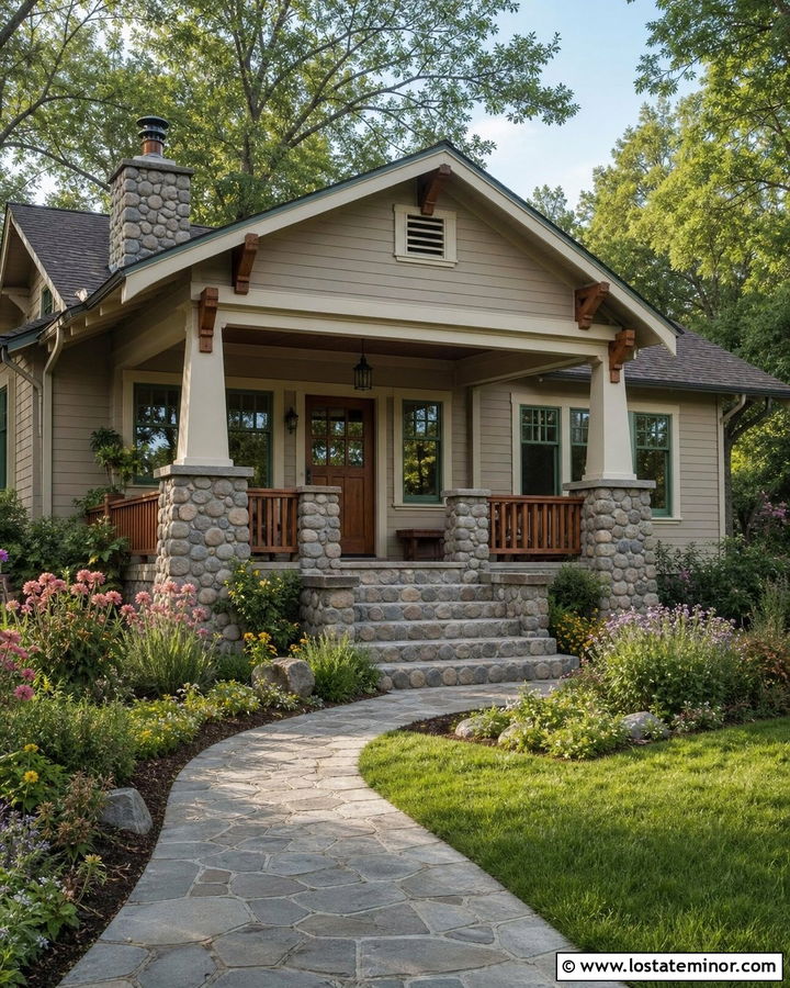 Bungalow Beige House With Cobblestone Porch - 30 Greige House Design With Stone Accents Ideas