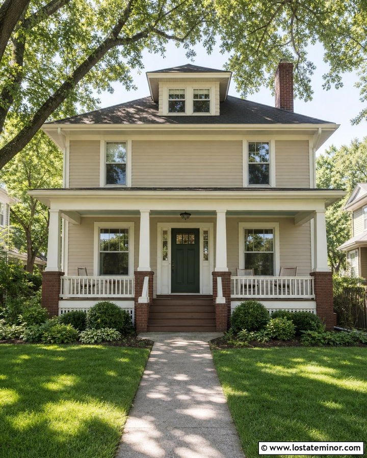 Bungalow Beige House With Pale Blue Beadboard Ceiling - 30 Beige House Design With Porch Ceiling Ideas