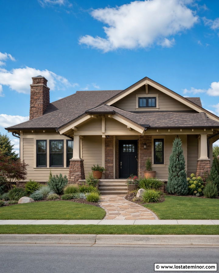 Bungalow Beige House With Red Brown Stone - 30 Beige House Design With Stone Accents Ideas