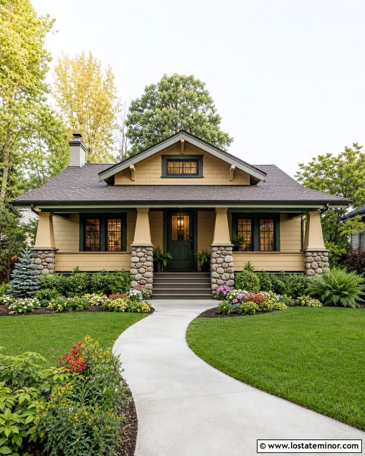 Bungalow Stone House With Low Porch Columns - 30 Stone House Design With Porch Columns Ideas