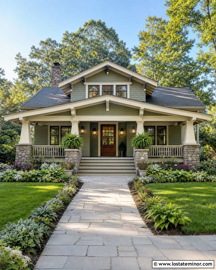 Bungalow With Stone Porch And Shingles - 30 Stone House Design With Shingles Ideas