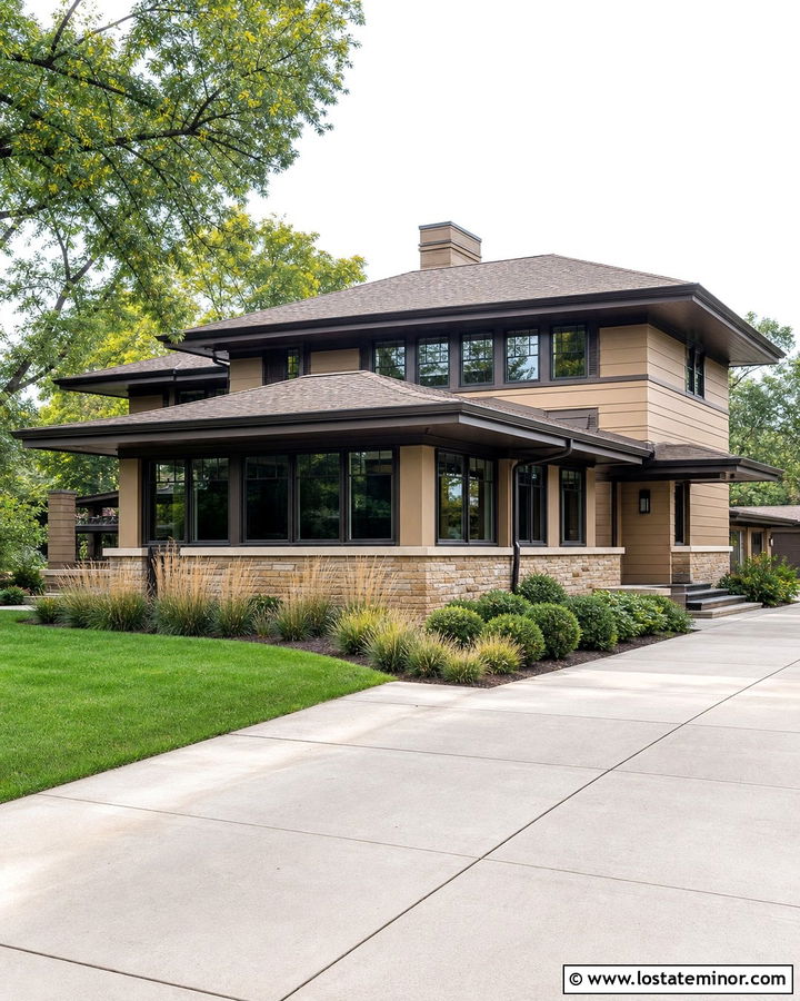 Camel Tan Prairie House With Low Sunroom - 30 Tan House Design With Sunroom Ideas