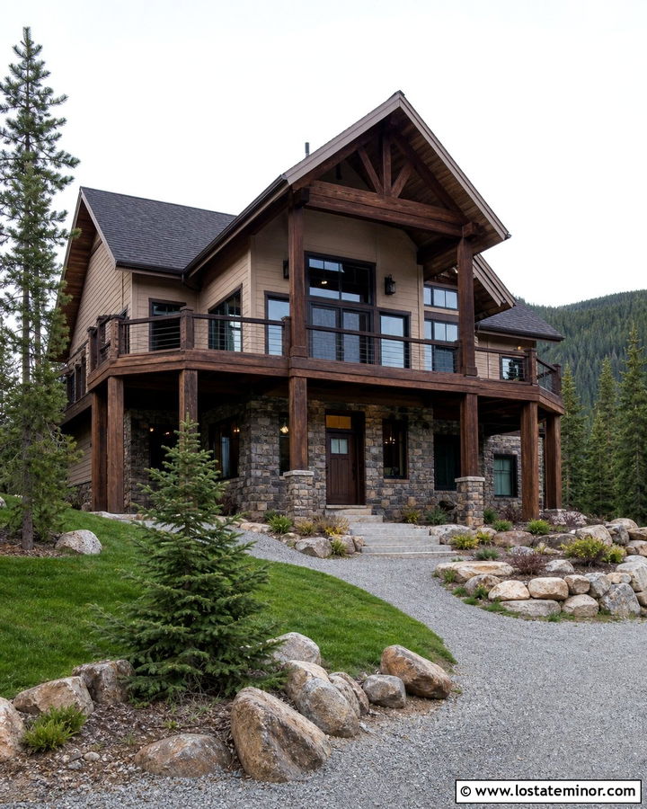 Canvas Tan Chalet House With Second Story Deck - 30 Beige House Design With Deck Ideas