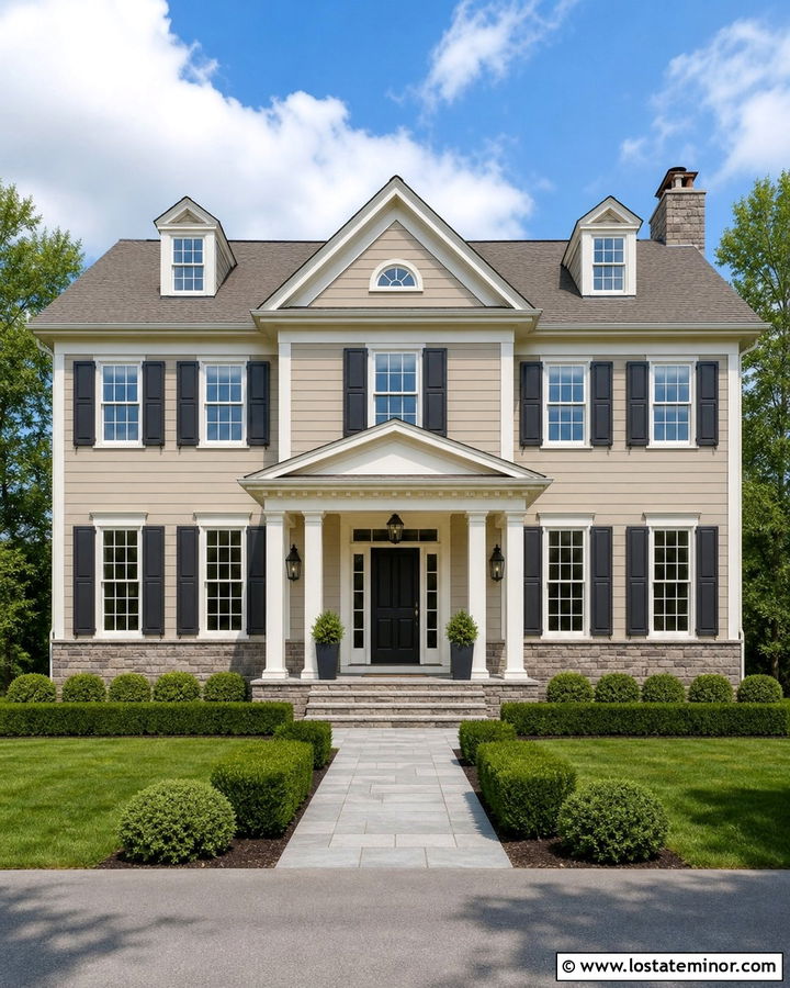 Canvas Tan Colonial With Stone Water Table - 30 Beige House Design With Stone Accents Ideas
