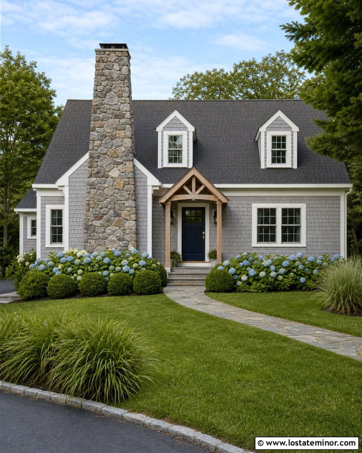 Cape Cod Shingle Siding And Stone Chimney - 30 Stone House Design With Siding Ideas