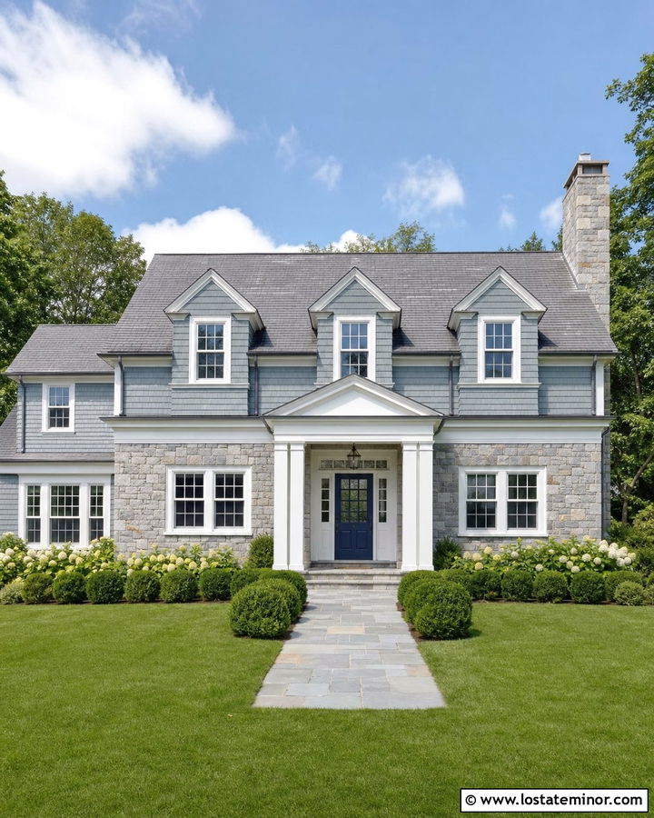 Cape Cod Stone House With White Porch Columns - 30 Stone House Design With Porch Columns Ideas